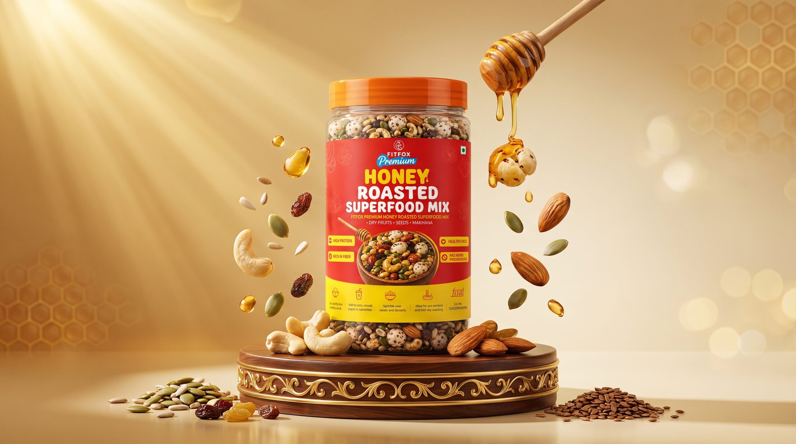 FitFox_jar_with_ingredients_2K_202607180026 Premium Honey Roasted Superfood Energy Mix Honey-Coated Nuts & Seeds Energy Boosting - Image 1